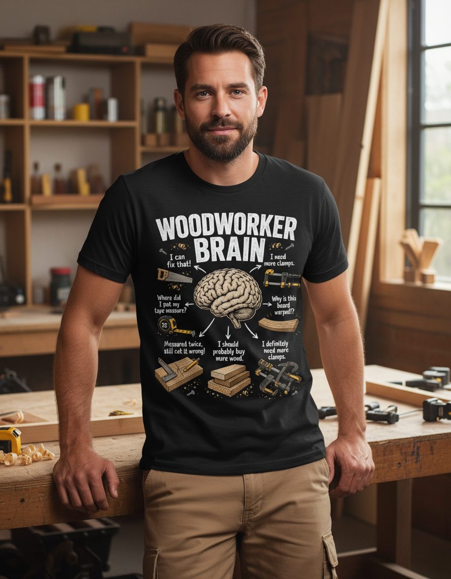 Woodworker Brain Funny Woodworking T-Shirt - lifestyle model mockup - Black
