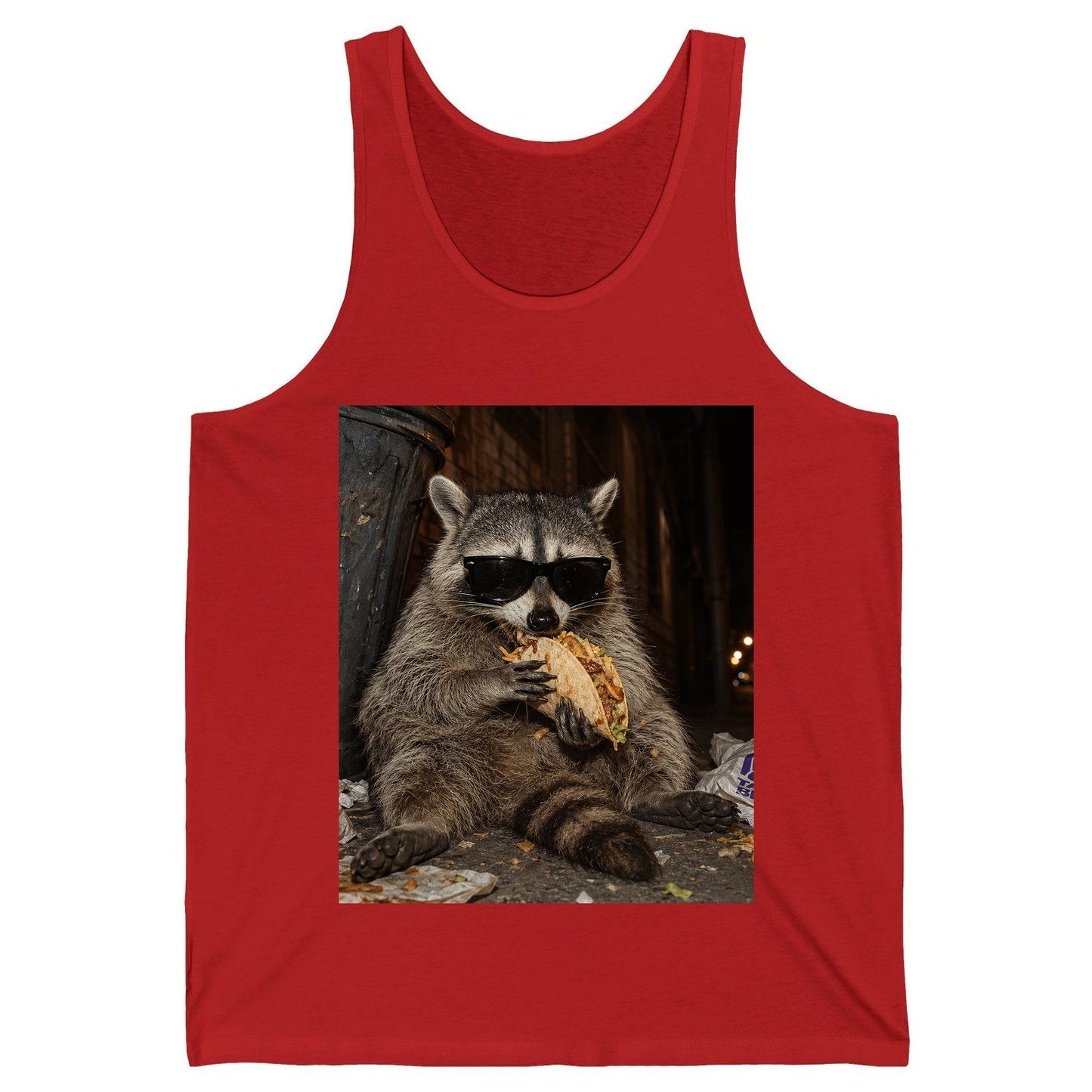 Raccoon Eating Taco Funny Animal Lovers Tank Top - product mockup - Red