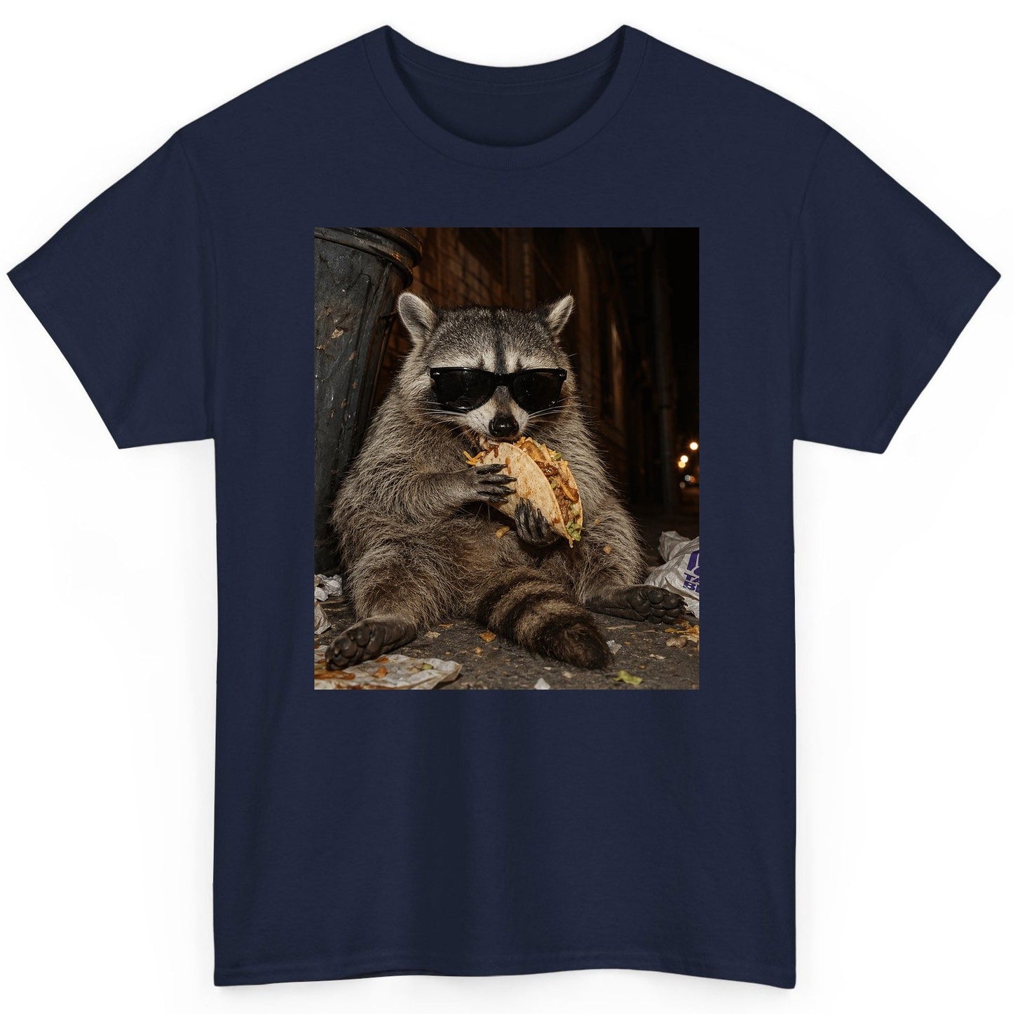 Raccoon Eating Taco Funny Animal Lovers T-Shirt - product mockup - Navy