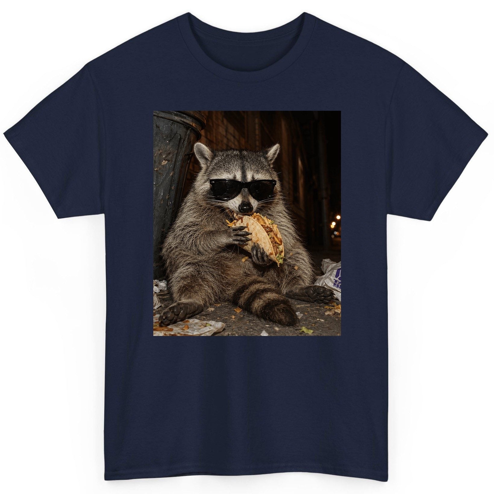 Raccoon Eating Taco Funny Animal Lovers T-Shirt - product mockup - Navy