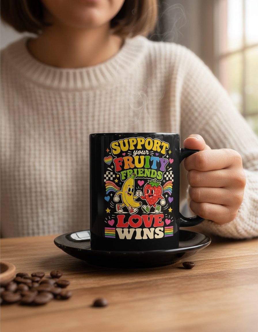 Support Your Fruity Friends Love Wins Retro Lgbtq+ Pride Black Mug - lifestyle model mockup - Black