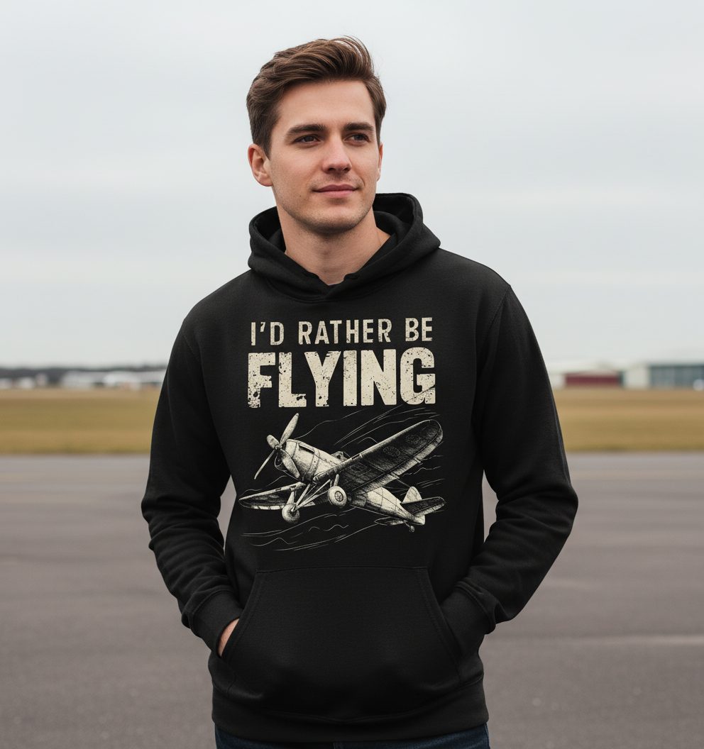 I'd Rather Be Flying vintage propeller plane Hoodie Black lifestyle mockup