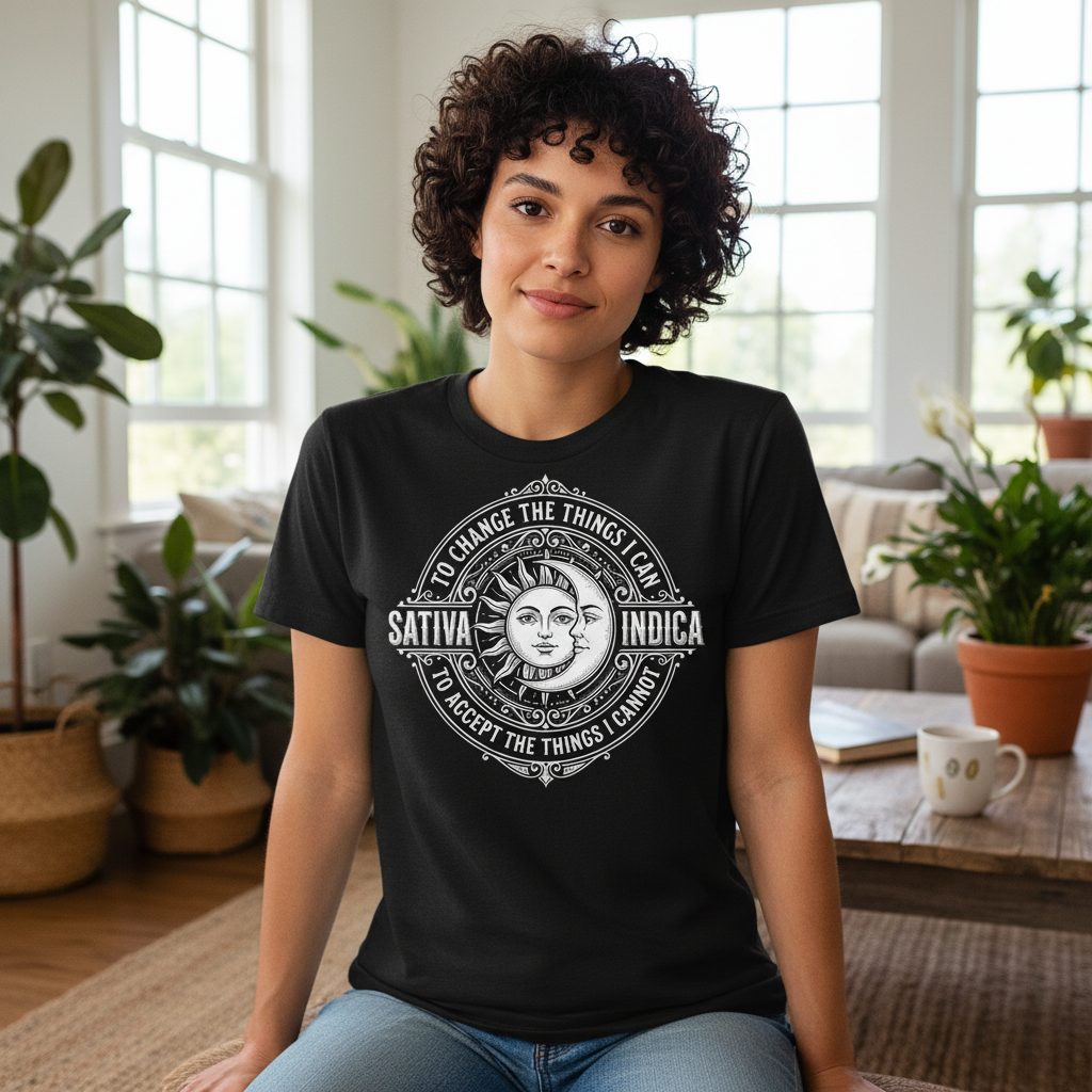 Sativa to Change the Things I Can Indica to Accept the Things T-Shirt - lifestyle model mockup - Black