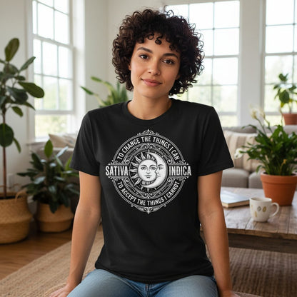 Sativa to Change the Things I Can Indica to Accept the Things T-Shirt - lifestyle model mockup - Black