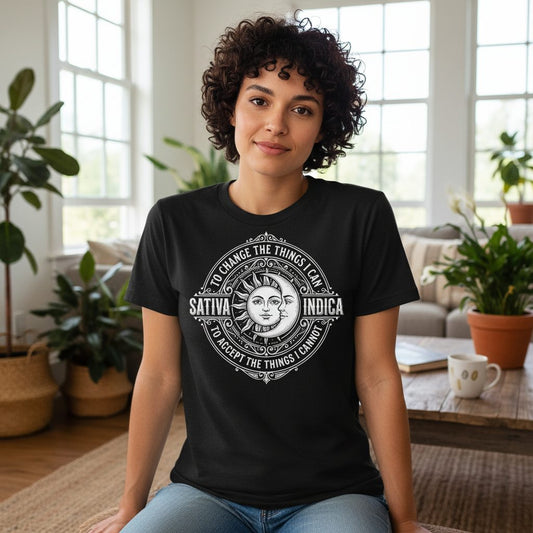 Sativa to Change the Things I Can Indica to Accept the Things T-Shirt - lifestyle model mockup - Black