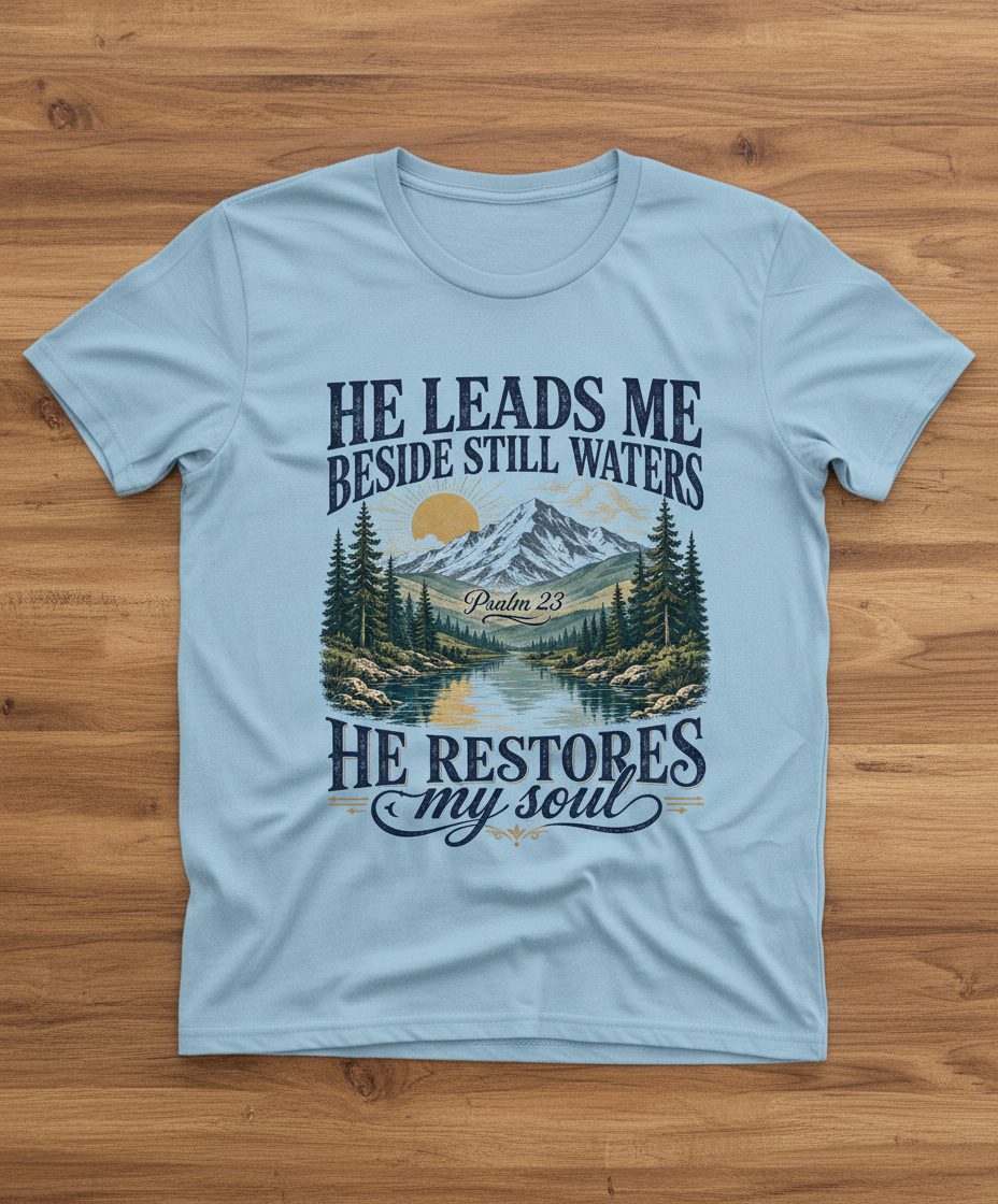He Leads Me Beside Still Waters He Restores My Soul T-Shirt - product mockup - Light Blue