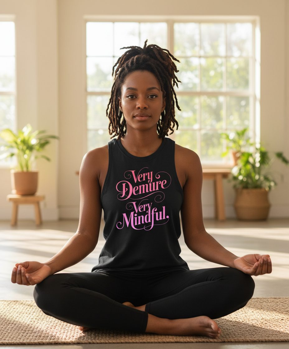 Very Demure Very Mindful mindfulness Tank Top Black lifestyle mockup