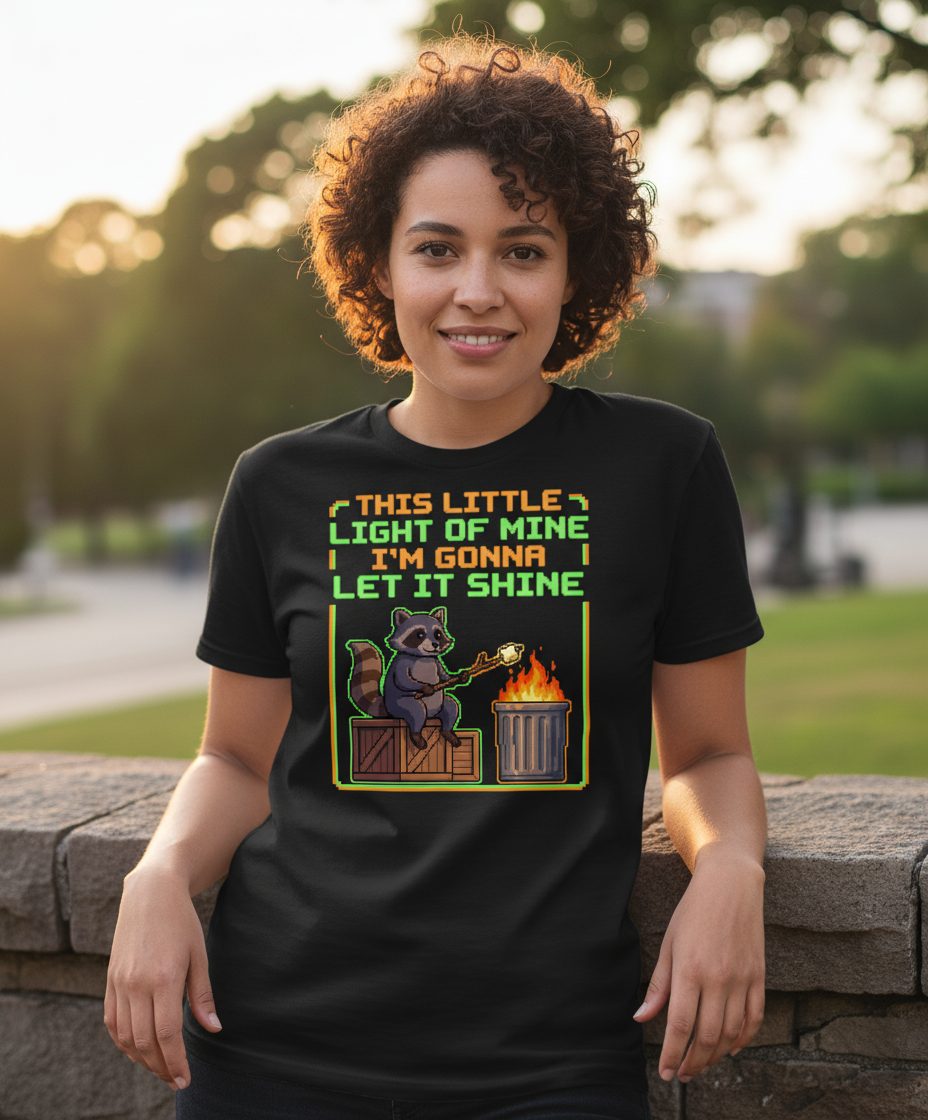 THIS LITTLE LIGHT OF MINE I'M GONNA LET IT SHINE Raccoon T-Shirt Black lifestyle mockup