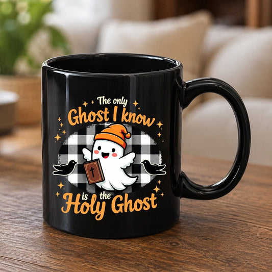 The Only Ghost I Know Is the Holy Ghost christian Halloween Black Mug Black product mockup