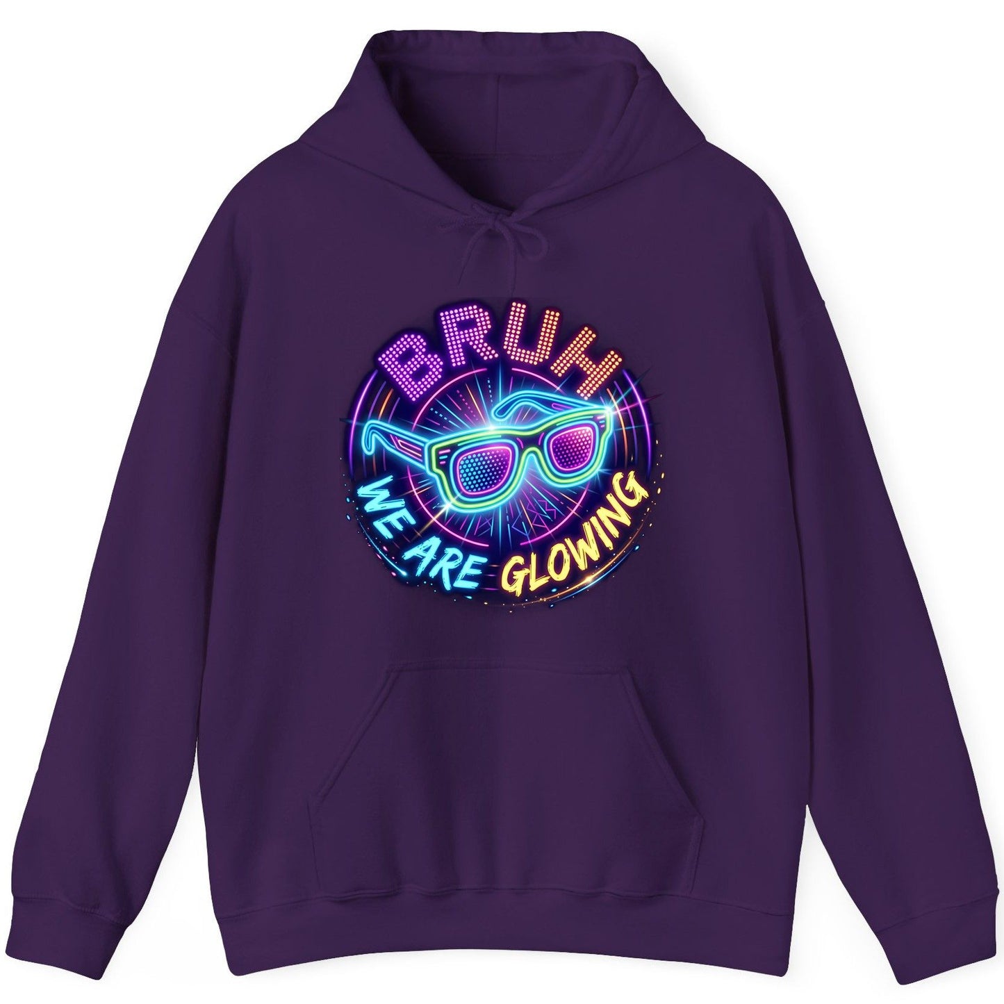 BRUH WE ARE GLOWING Neon Party Hoodie Purple product mockup