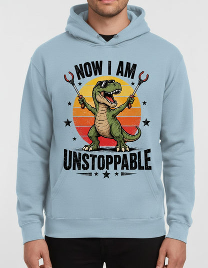 Now I Am Unstoppable Funny Tyrannosaurus Rex Hoodie - product mockup - Light Blue