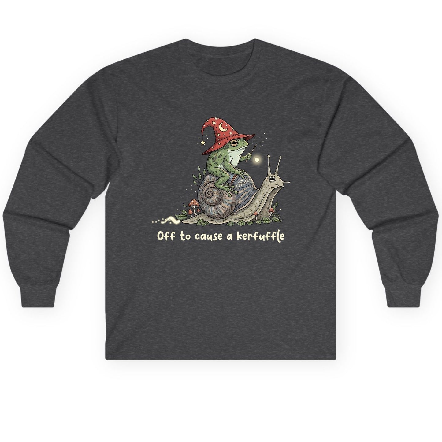 Off to Cause a Kerfuffle wizard frog Long Sleeve Tee Dark Heather product mockup