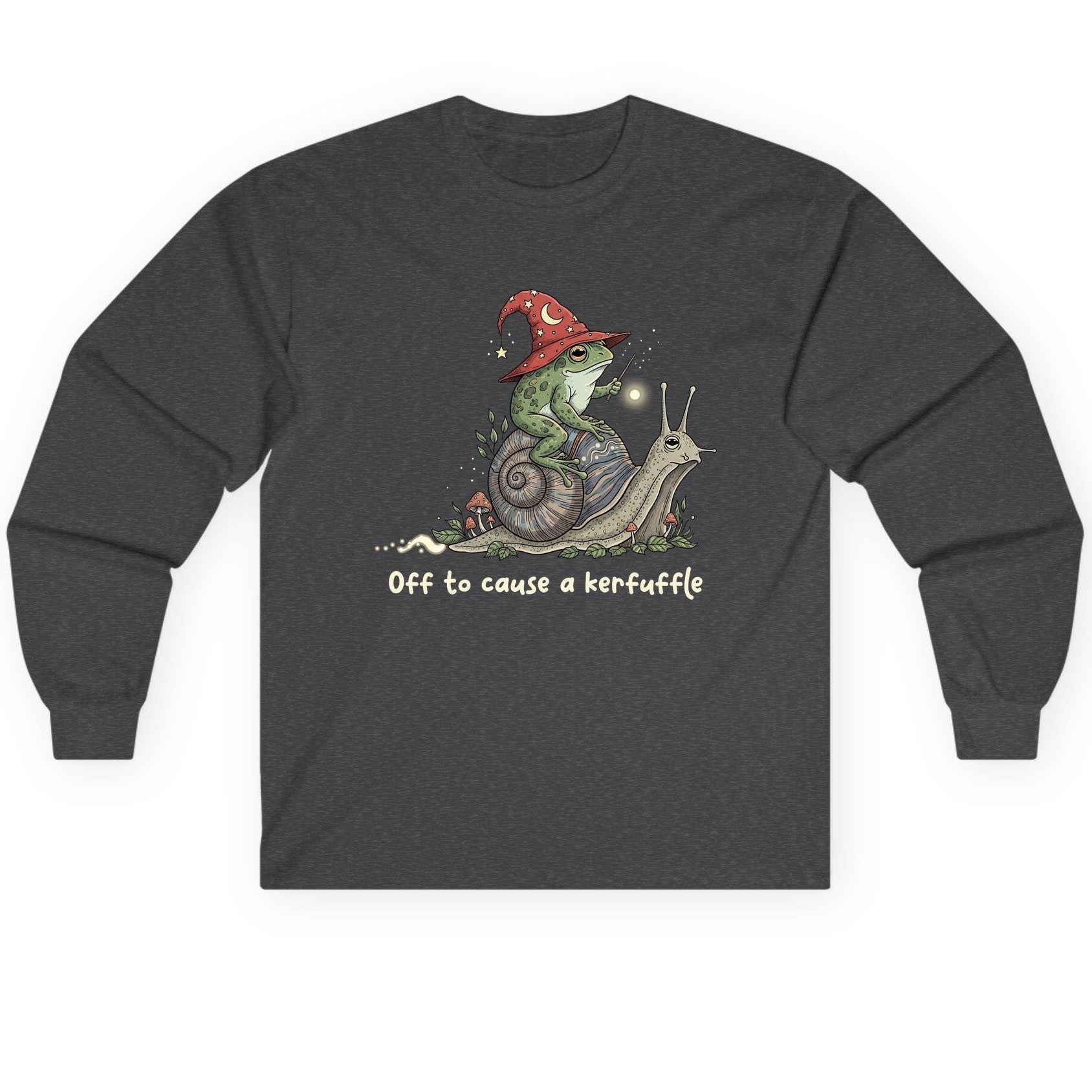 Off to Cause a Kerfuffle wizard frog Long Sleeve Tee Dark Heather product mockup