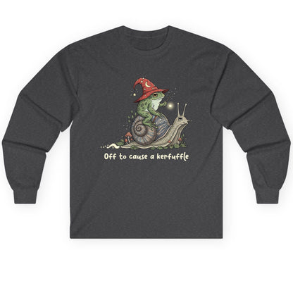 Off to Cause a Kerfuffle wizard frog Long Sleeve Tee Dark Heather product mockup