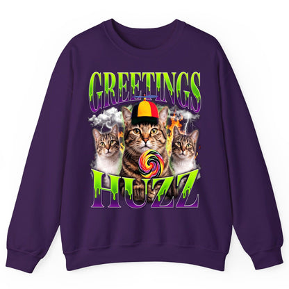 Greetings HUZZ Funny Cat Sweatshirt - product mockup - Purple