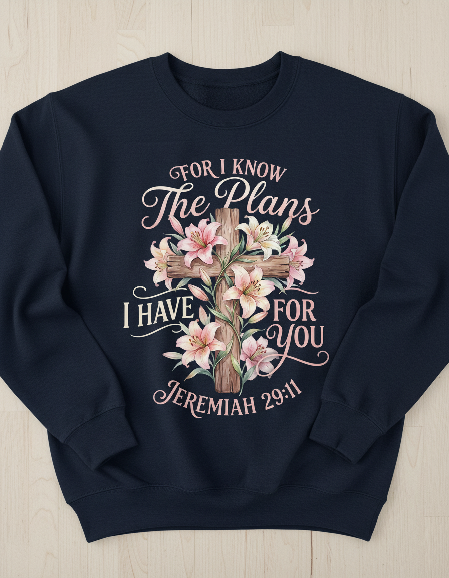 Jeremiah 29:11 For I Know The Plans I Have For You Cross and Lilies Sweatshirt - Navy
