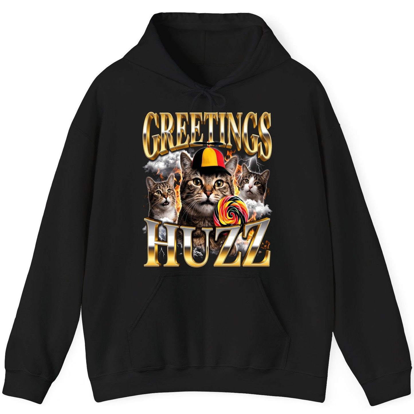 Greetings HUZZ Funny Cats Hoodie - product mockup - Black