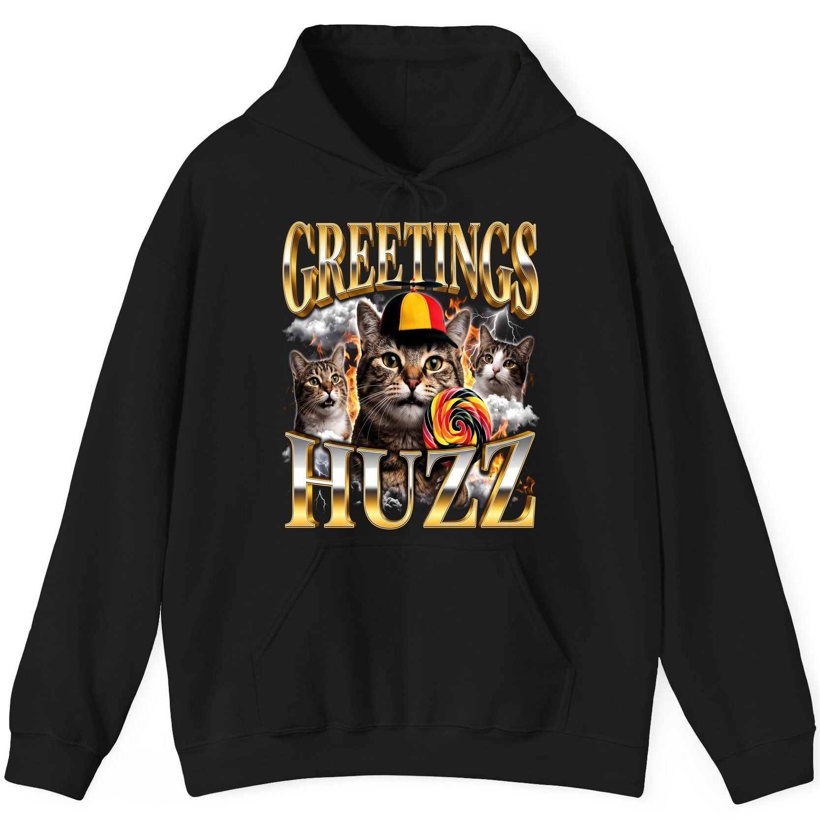 Greetings HUZZ Funny Cats Hoodie - product mockup - Black