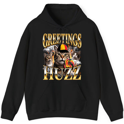 Greetings HUZZ Funny Cats Hoodie - product mockup - Black