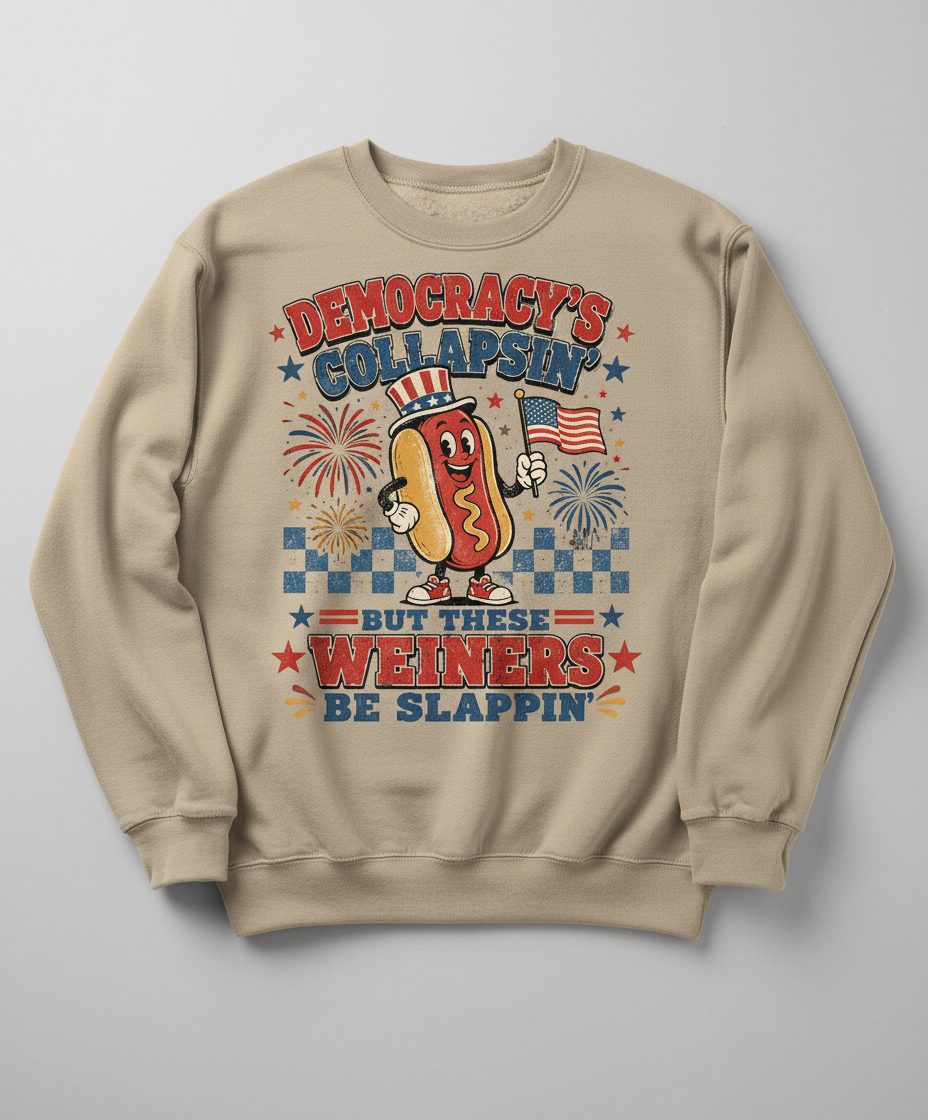Democracy's Collapsin' but These Weiners Be Slappin' Sweatshirt - product mockup - Sand