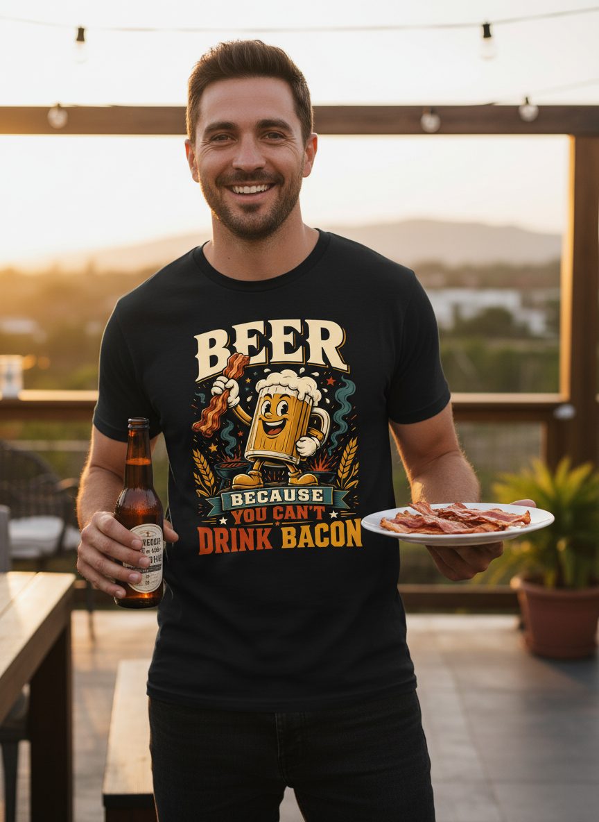 Cant Drink Bacon Beer Funny And T-Shirt - lifestyle model mockup - Black