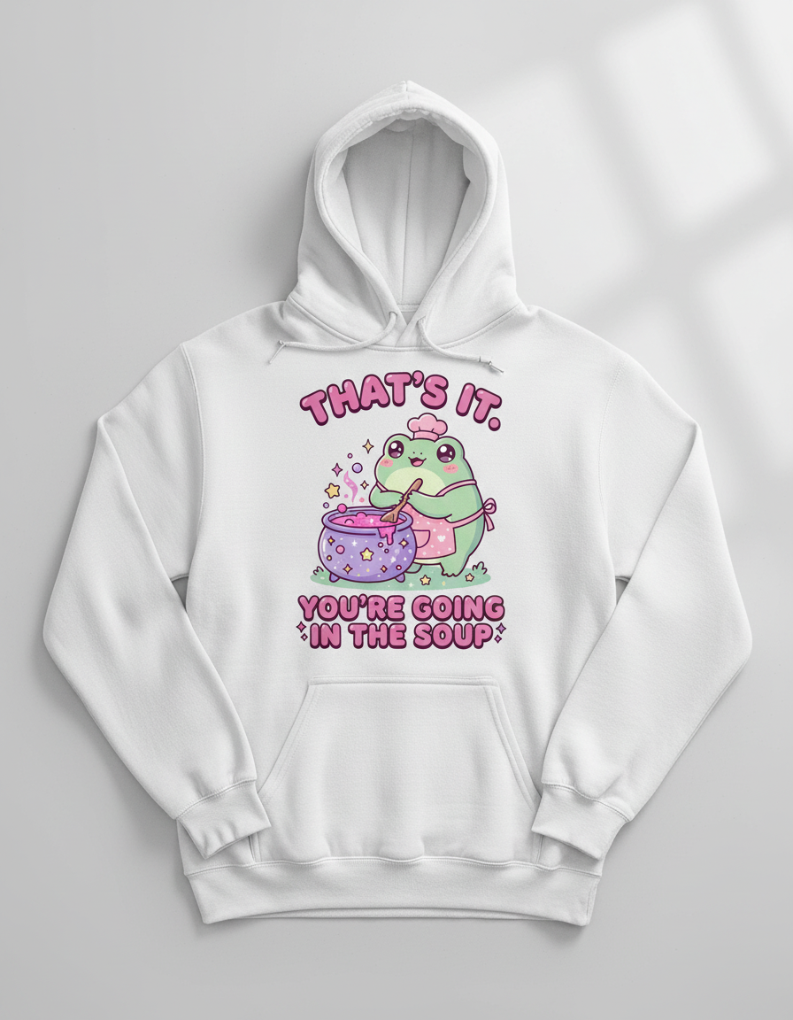 Kawaii Frog Chef 'You're Going In The Soup' Funny Meme Design Hoodie - White