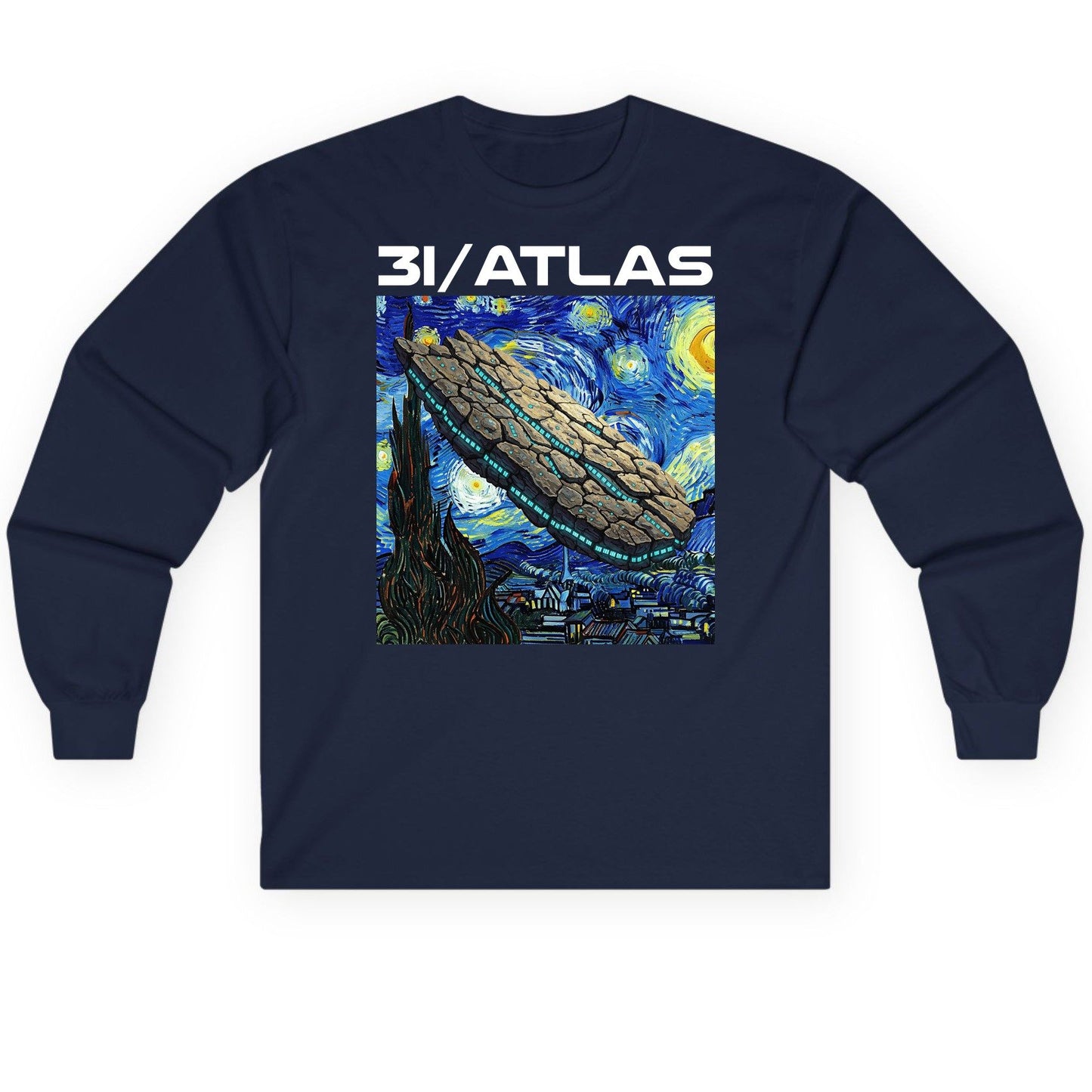31 Atlas van gogh sci-fi mashup Long Sleeve Tee Navy product mockup