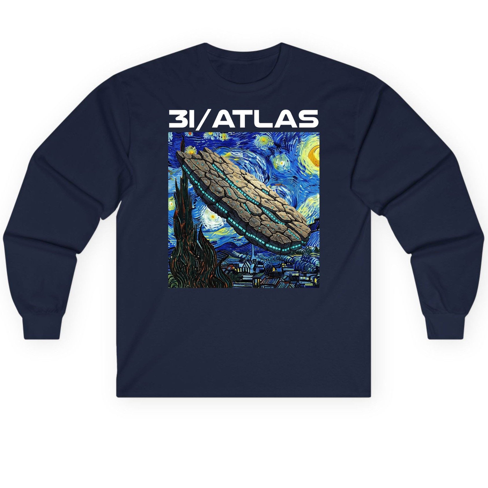 31 Atlas van gogh sci-fi mashup Long Sleeve Tee Navy product mockup
