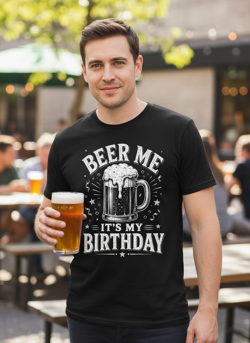 Beer Me It's My Birthday Funny Person T-Shirt - lifestyle model mockup - Black