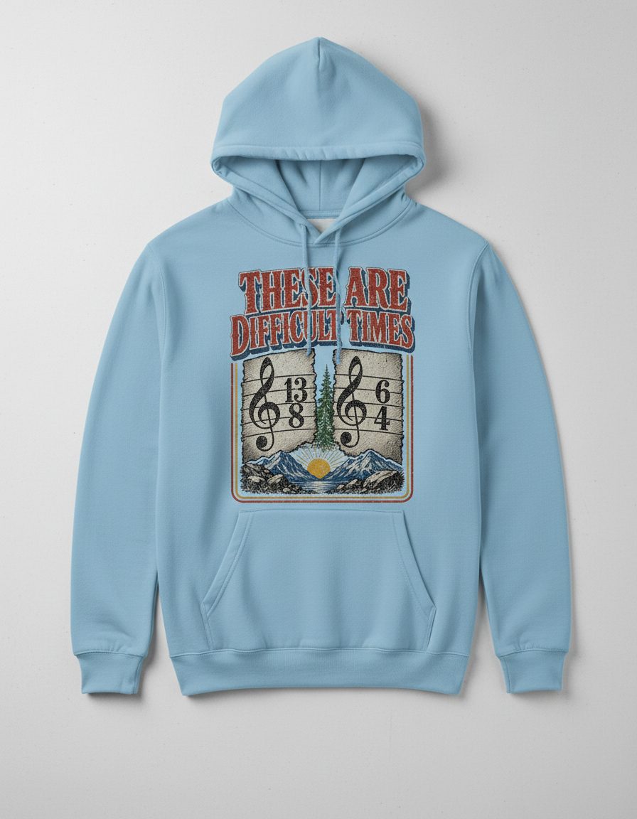 THESE ARE Difficult TIMES Funny Music Pun Hoodie - product mockup - Light Blue