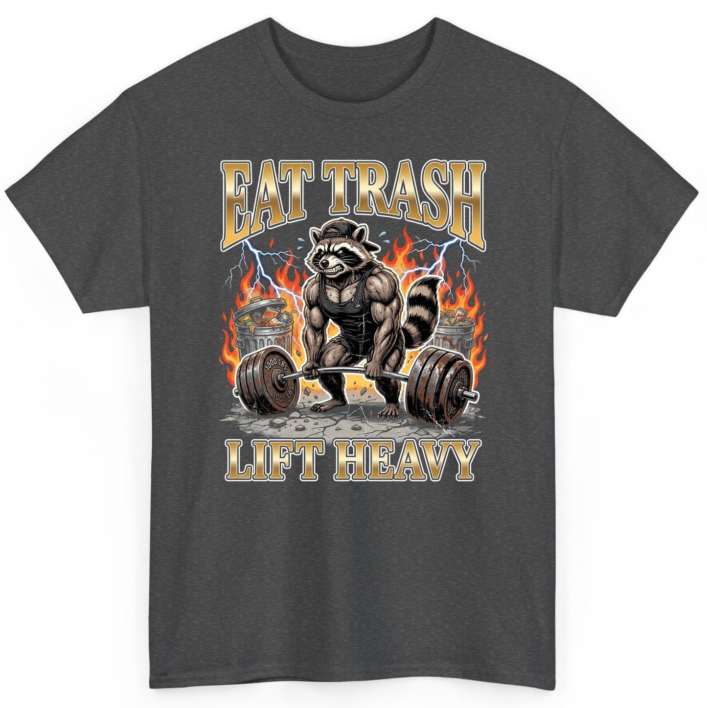 Eat Trash Lift Heavy weightlifting raccoon T-Shirt Dark Heather product mockup