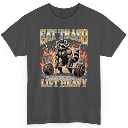 Eat Trash Lift Heavy weightlifting raccoon T-Shirt Dark Heather product mockup