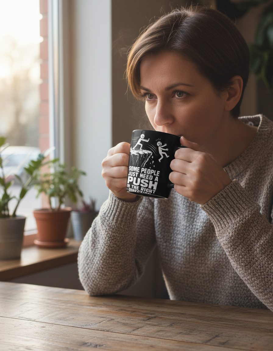 Some People Just Need a Push in the Right Direction Funny Dark Humor Black Mug - lifestyle model mockup - Black