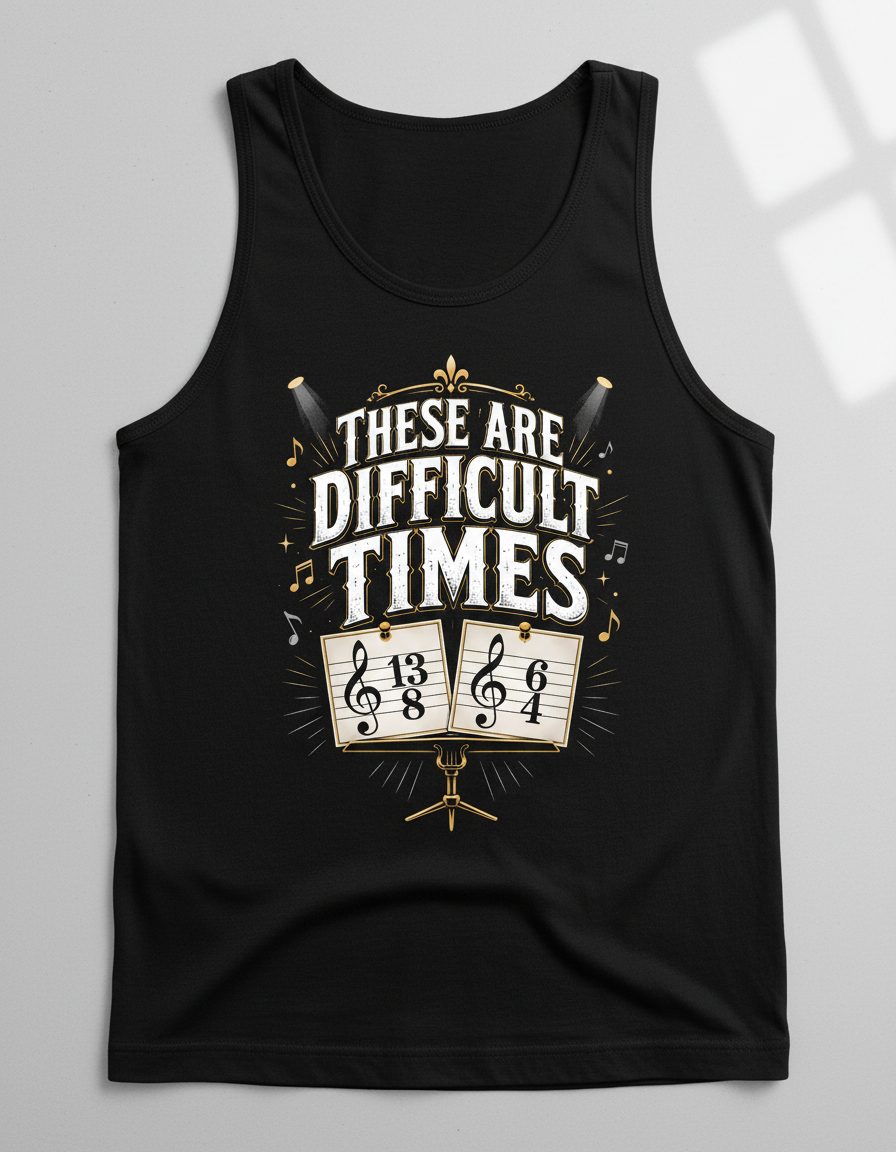 THESE ARE Difficult TIMES Funny Music Humor Tank Top - product mockup - Black