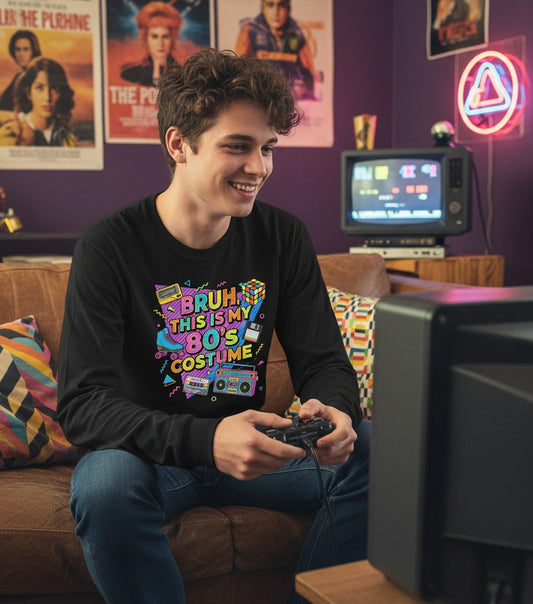 BRUH THIS IS MY 80'S Costume Funny Nostalgia Long Sleeve Tee - lifestyle model mockup - Black