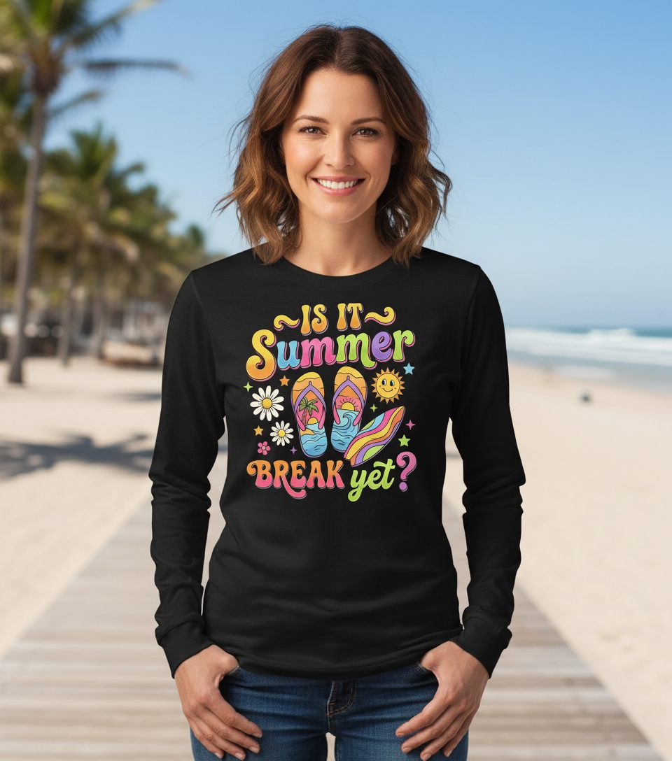 Is It Summer Break Yet Retro Vacation Long Sleeve Tee - lifestyle model mockup - Black