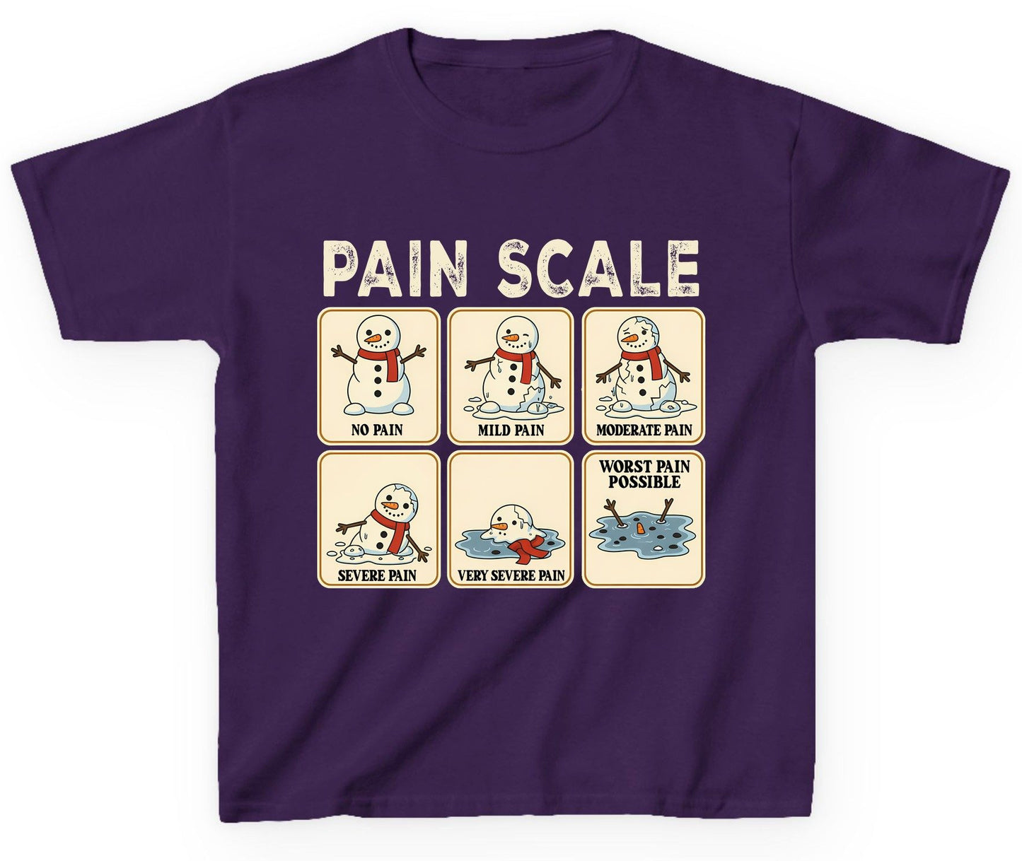 Pain Scale No Pain Mild Pain Moderate Pain Severe Pain Very Severe Pain Worst Pain Possible snowman Youth T-Shirt Purple