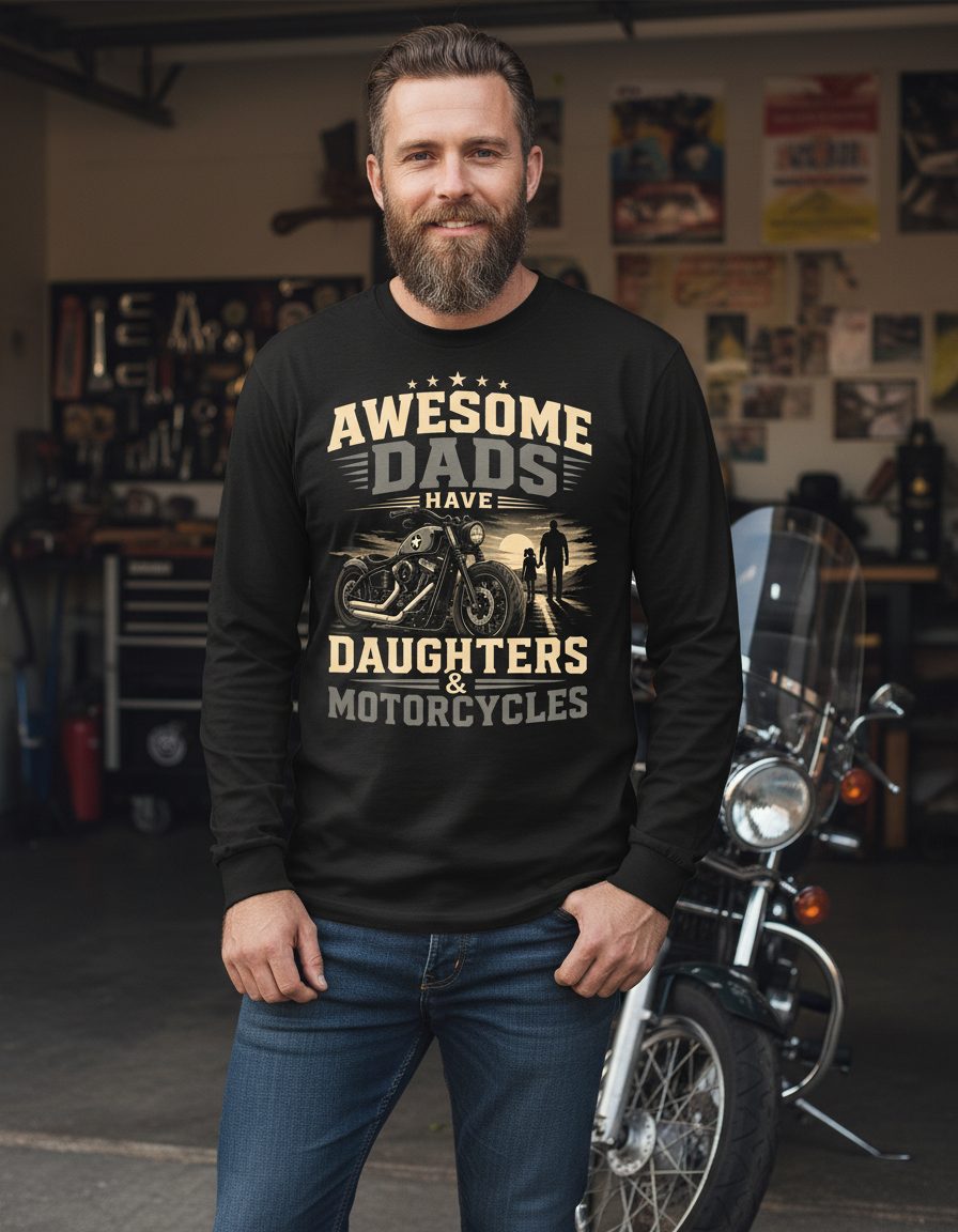 Awesome Dads Have Daughters & Motorcycles biker dad Long Sleeve Tee Black lifestyle mockup