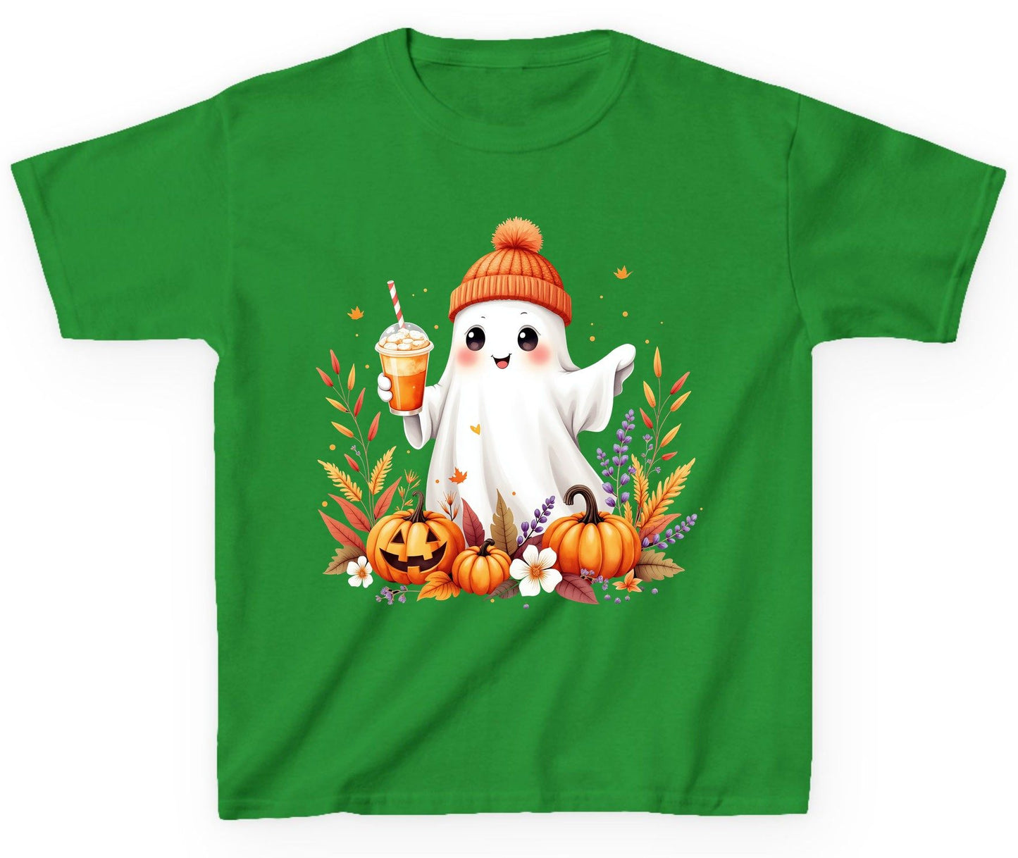 Cute Ghost Pumpkin Spice Latte cute Halloween ghost Youth T-Shirt Irish Green product mockup