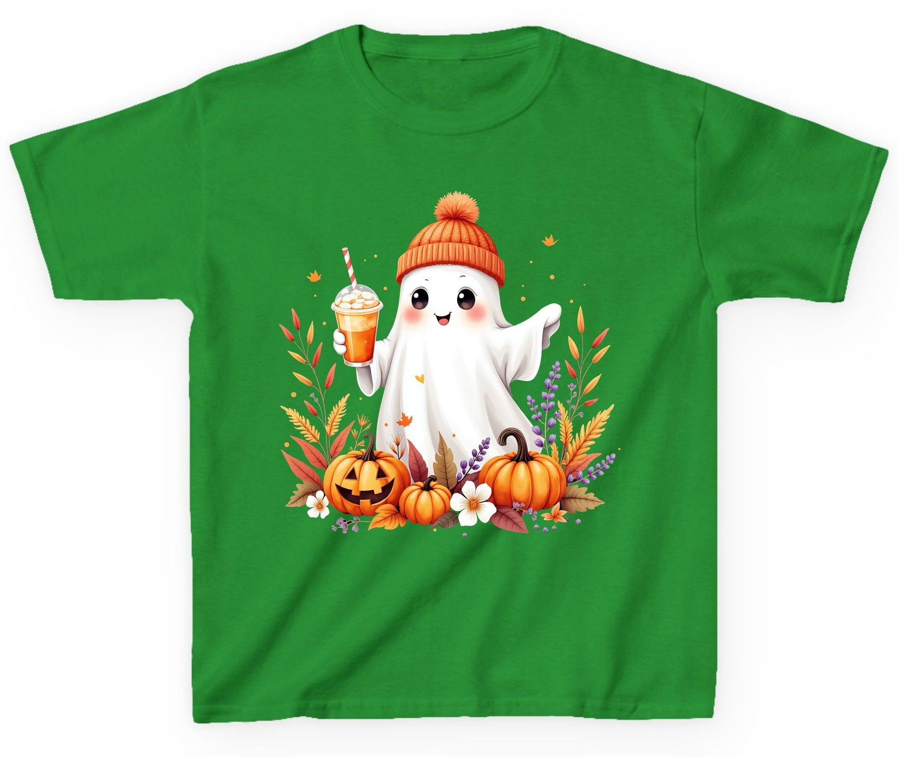 Cute Ghost Pumpkin Spice Latte cute Halloween ghost Youth T-Shirt Irish Green product mockup