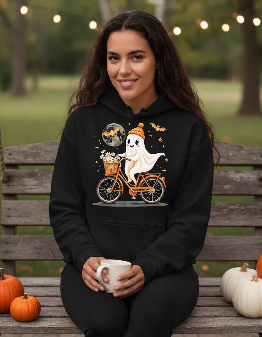 Cute Ghost on Bicycle cute ghost Hoodie Black lifestyle mockup