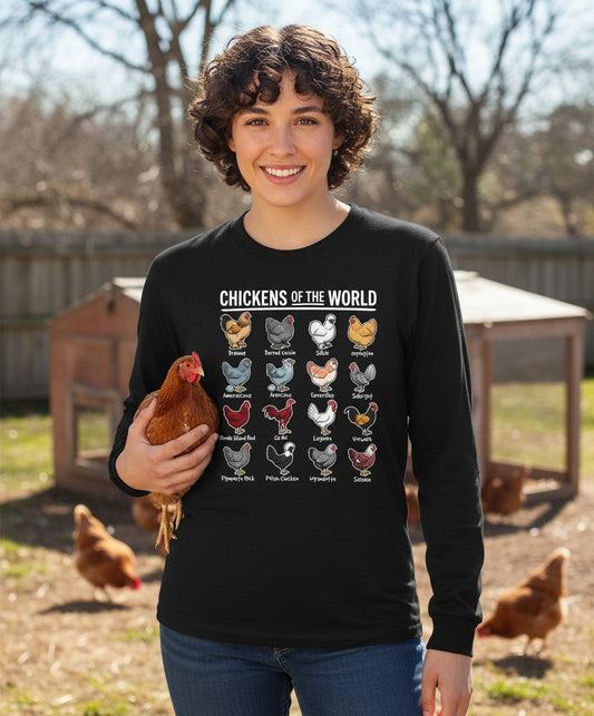 Chickens of the World chicken breeds Long Sleeve Tee Black lifestyle mockup