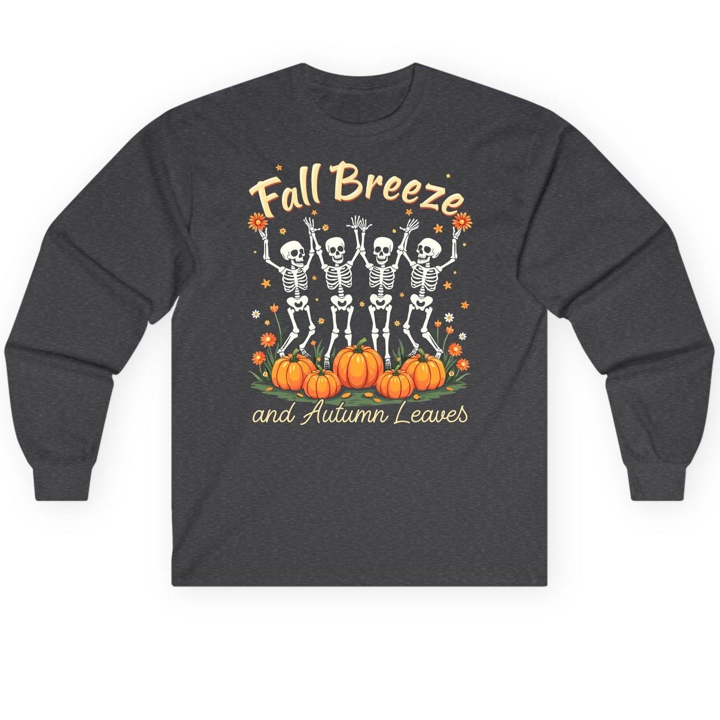 Fall Breeze and Autumn Leaves dancing skeletons Long Sleeve Tee Dark Heather product mockup