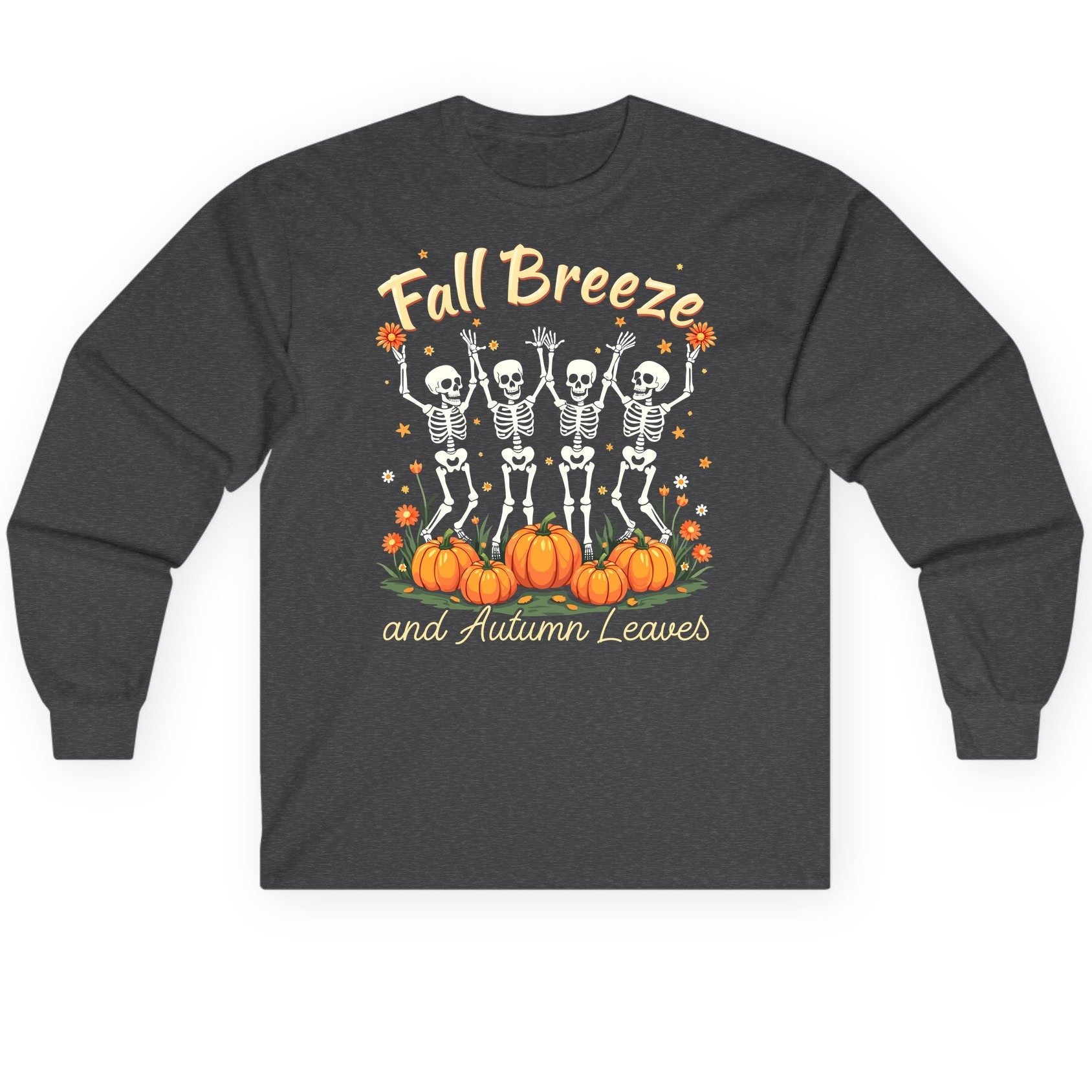 Fall Breeze and Autumn Leaves dancing skeletons Long Sleeve Tee Dark Heather product mockup