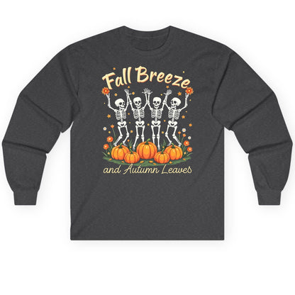 Fall Breeze and Autumn Leaves dancing skeletons Long Sleeve Tee Dark Heather product mockup