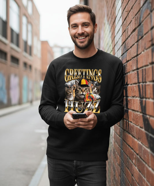 Greetings HUZZ Funny Cats Sweatshirt - lifestyle model mockup - Black