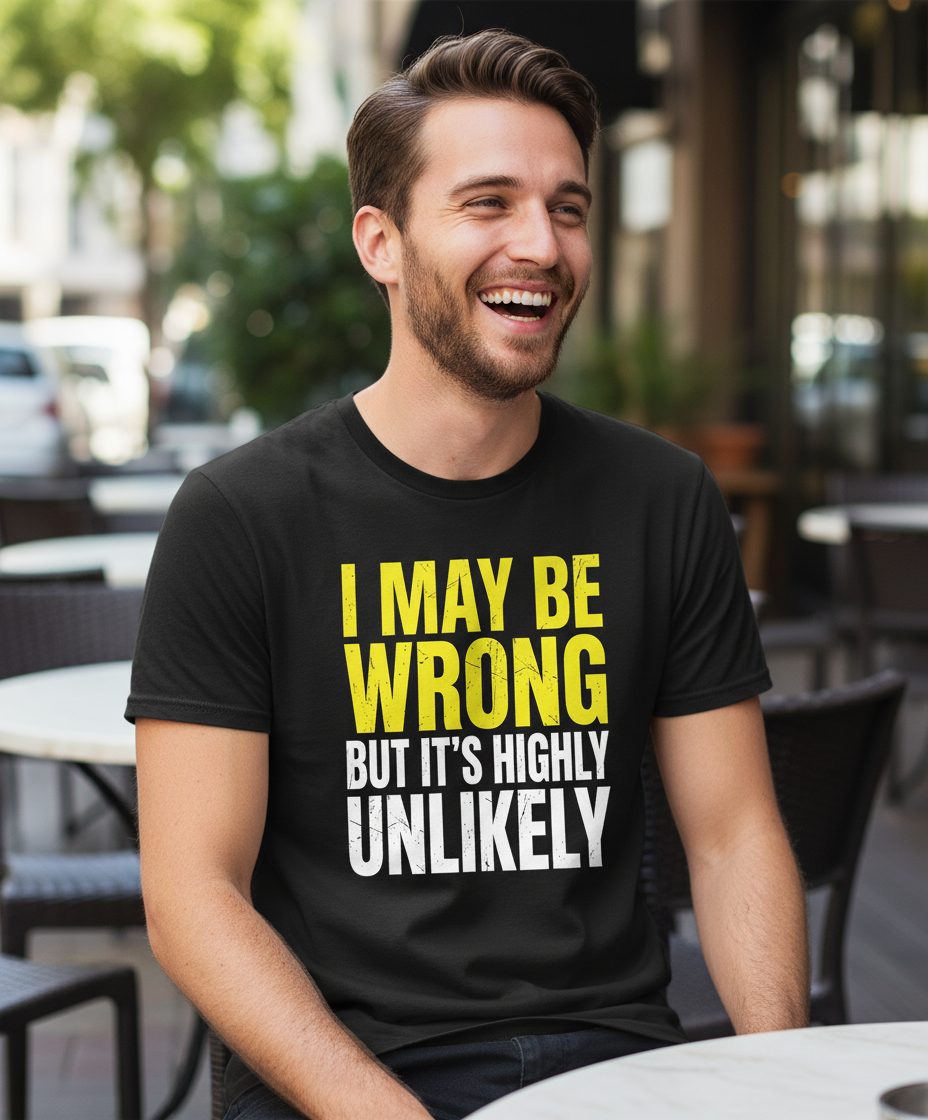 I MAY BE WRONG BUT IT'S HIGHLY Unlikely Funny Sarcastic Humor T-Shirt - lifestyle model mockup - Black