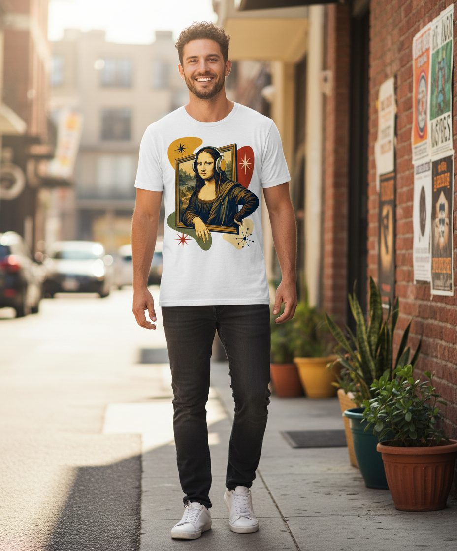 Retro Mona Lisa with Headphones Funny Art Lovers T-Shirt - lifestyle model mockup - White