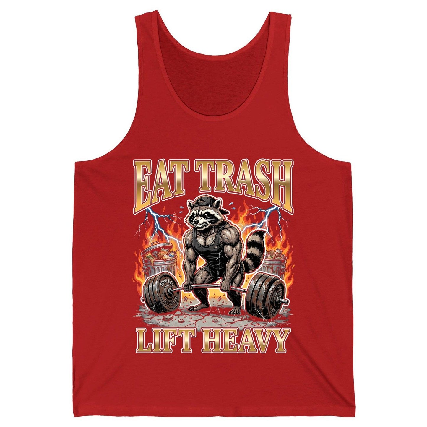 Eat Trash Lift Heavy weightlifting raccoon Tank Top Red product mockup