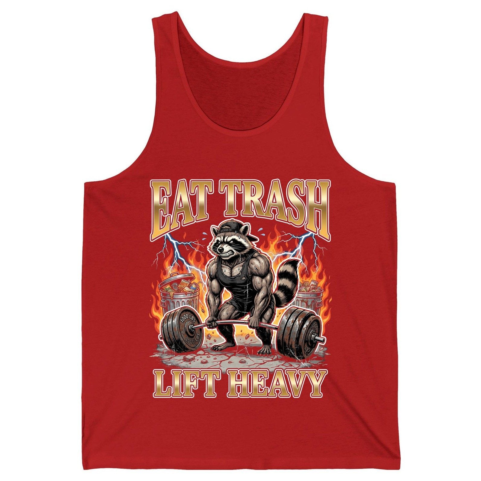 Eat Trash Lift Heavy weightlifting raccoon Tank Top Red product mockup